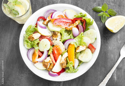 Fresh Salad Meal with Grilled Chicken, Tomatoes,Red Onion, Lettu