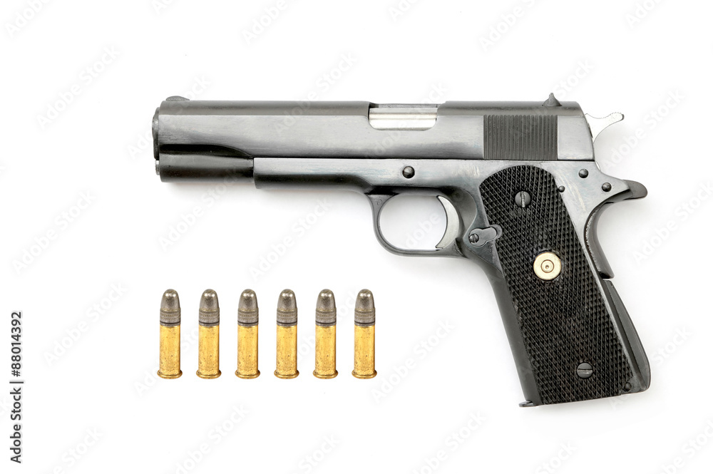 Semi-automatic gun with ammo isolated on white background