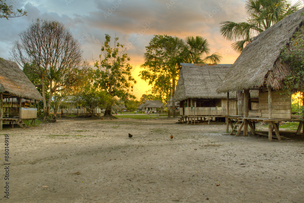 Authentic village in the Amazon rain forest near Iquitos, Peru
