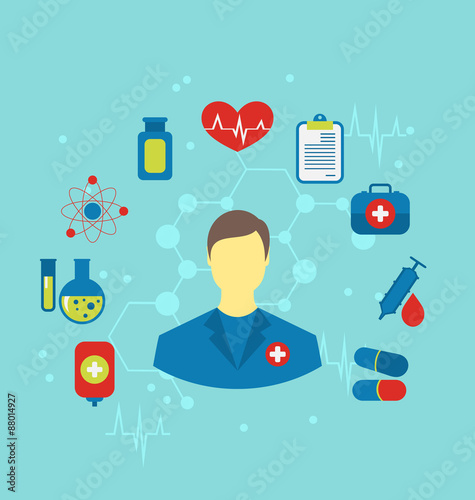 Doctor with flat medical icons for web design