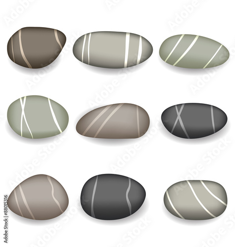 Set sea pebbles with shadows on white background