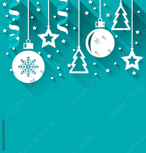 Xmas background with fir, balls, stars, streamer, trendy flat st