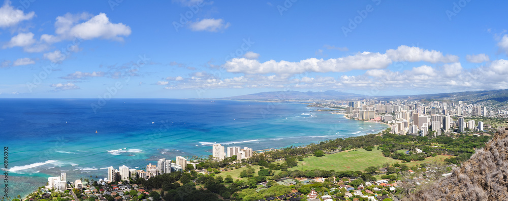 Panorama view of Honolulu and Waikiki Beach seen from Diamond Head Crater - Hawaii, USA 