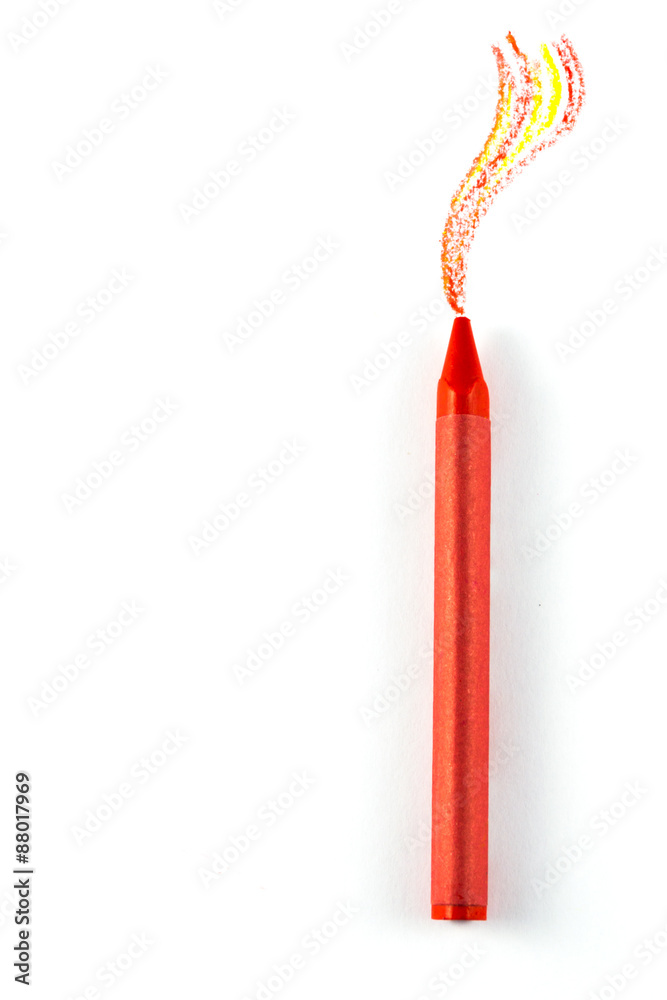 Red wax color with fire flames drawn on it on a white background. Red wax color with fire flames drawn on it on a white background.