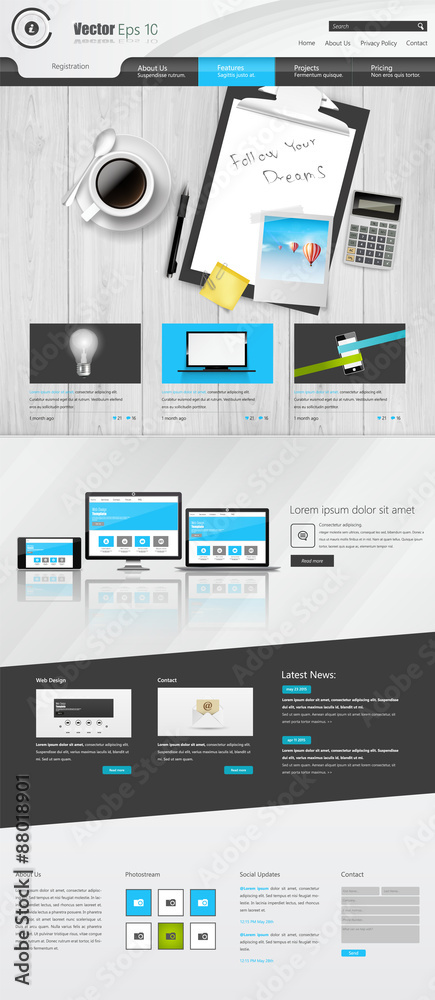 Modern One Page Website Template with Photorealistic Vector office Objects. Modern One Page Website Template with Photorealistic Vector office Objects.