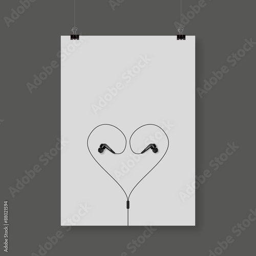 Flyer Design Earphones cord in shape of heart. illustration