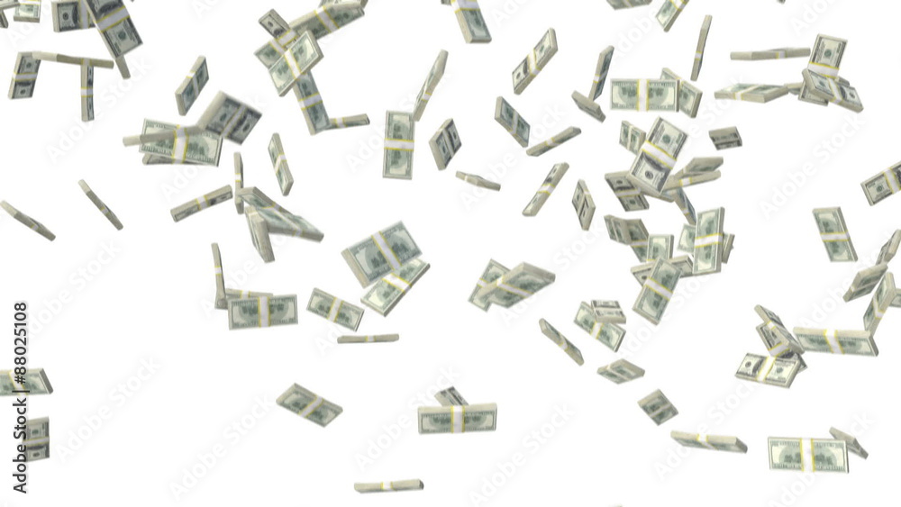 Dollar banknotes falling down on white isolated background
