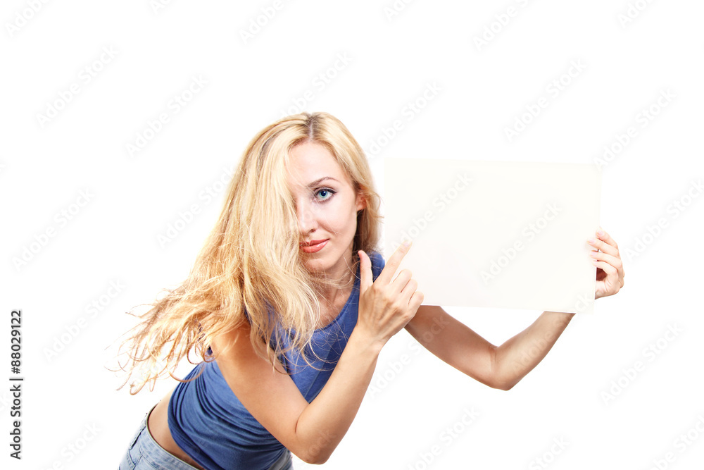 woman holding a blank sheet isolated on a white background woman holding a blank sheet isolated on a white background