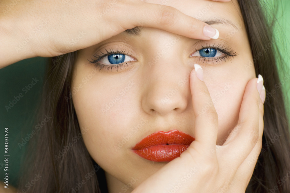 beautiful brunette girl with blue eyes and red lips beautiful brunette girl with blue eyes and red lips