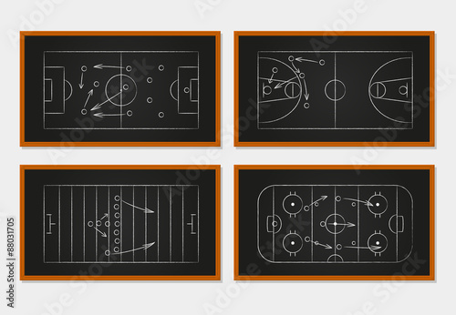 Basketball, soccer, football and ice hockey courts on chalkboard