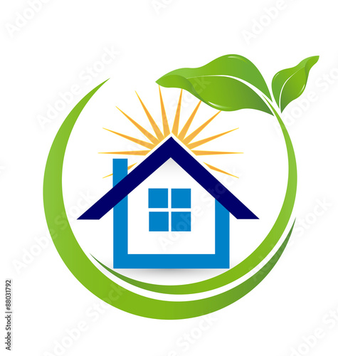 House sun and leafs Real Estate logo vector