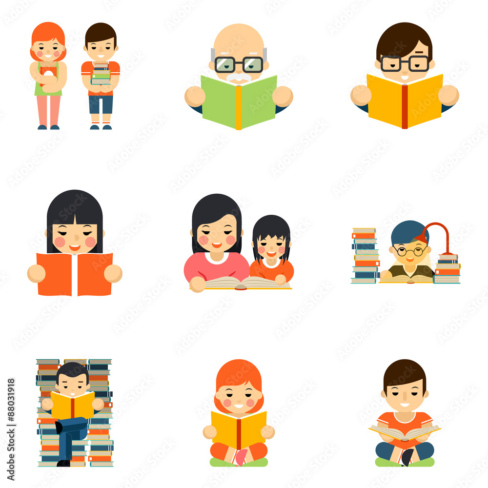 Icons set of people reading book in flat style design Icons set of people reading book in flat style design