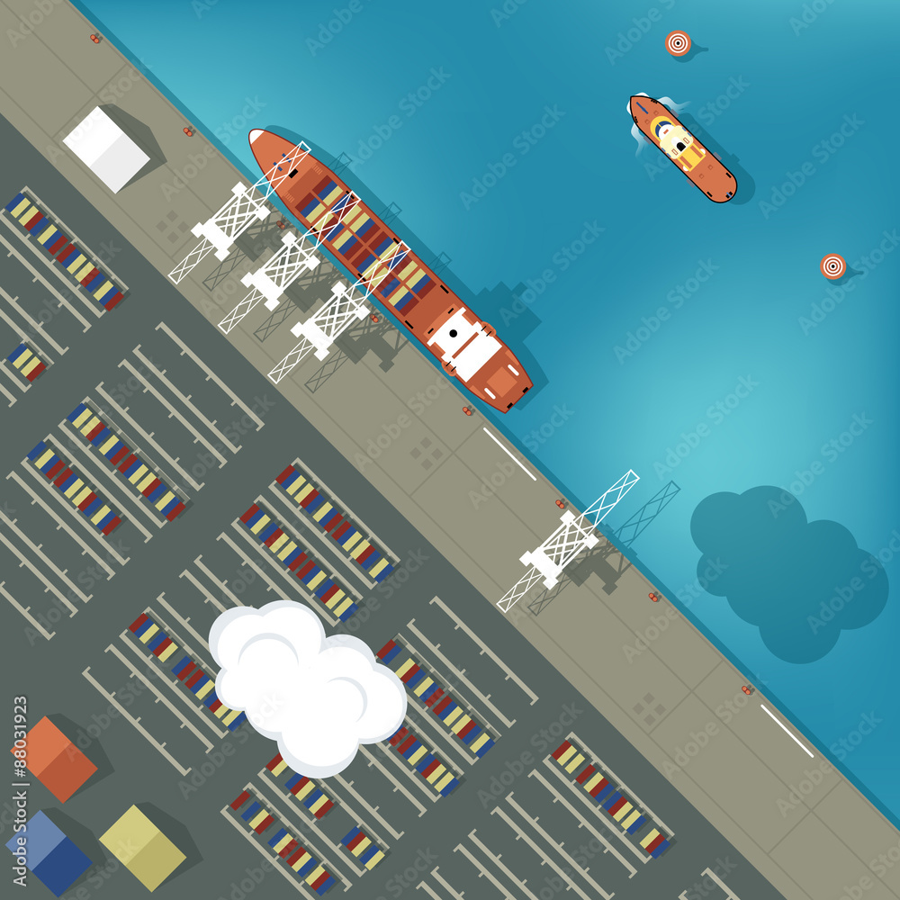 Obraz premium Illustration of a cargo port in flat style. Top view