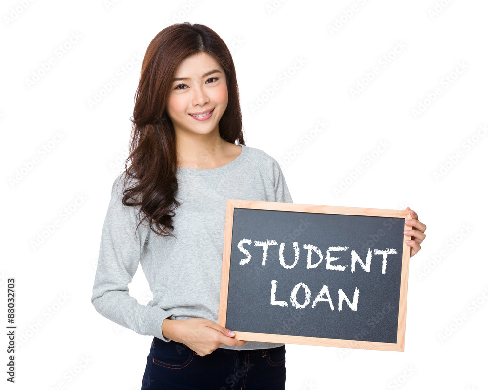 Asian woman hold with black board and showing student loan Asian woman hold with black board and showing student loan