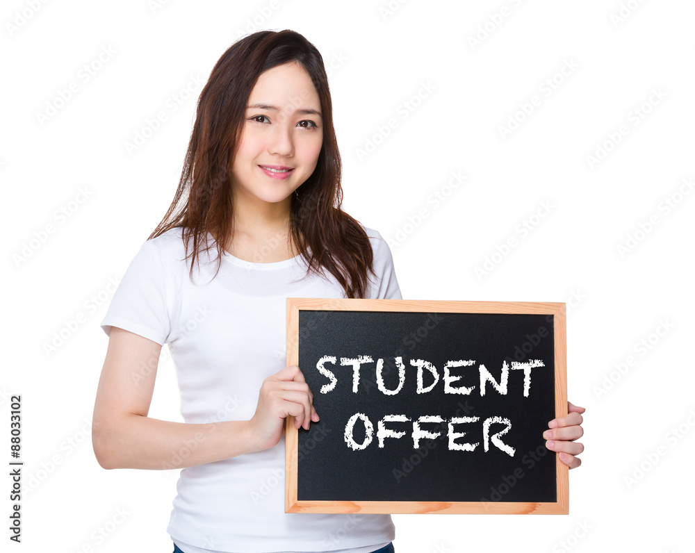 Young woman hold with blackboard showing student offer Young woman hold with blackboard showing student offer