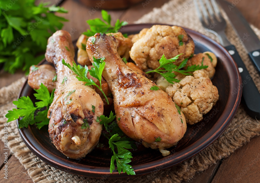 Chicken leg with baked cauliflower and parsley Chicken leg with baked cauliflower and parsley