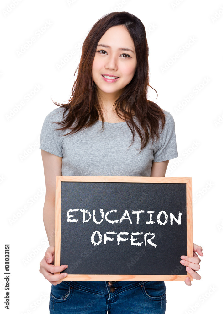 Woman hand hold with blackboard and showing education offer Woman hand hold with blackboard and showing education offer