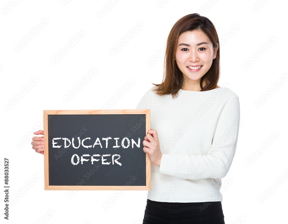 Asian woman with chalkboard and showing education offer Asian woman with chalkboard and showing education offer