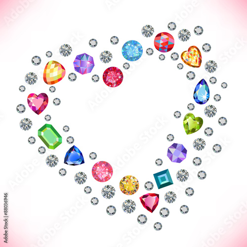 Colored gems heart shape frame isolated on light background