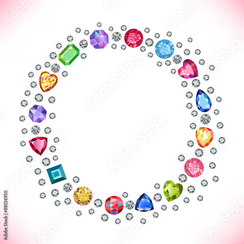 Colored gems square round frame isolated on light background