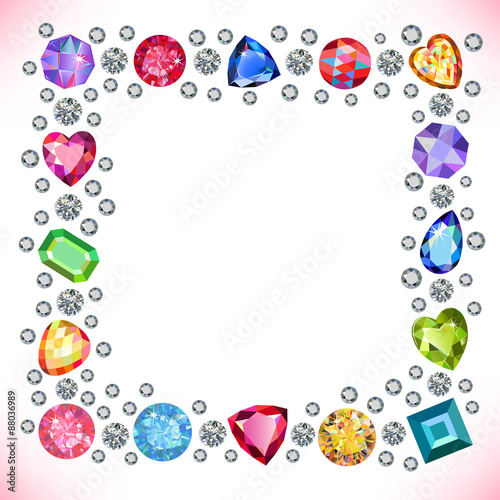 Colored gems square shape frame isolated on light background