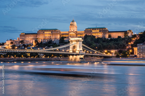Hungarian Landmarks in Budapest: pallace, bridge and Danube.