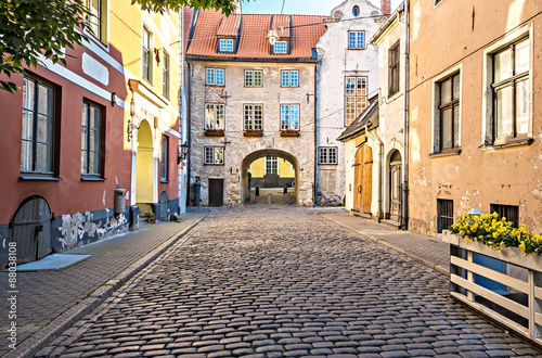 Medieval street in old city of Riga, Latvia