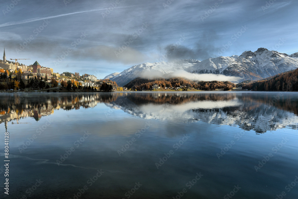 Lake St. Moritz with the first snow in the autumn