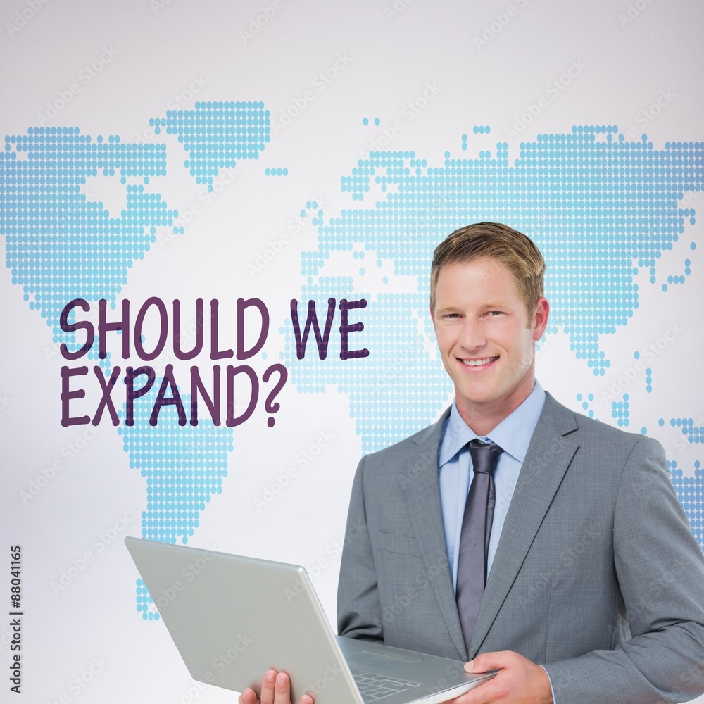Composite image of happy businessman with laptop Composite image of happy businessman with laptop