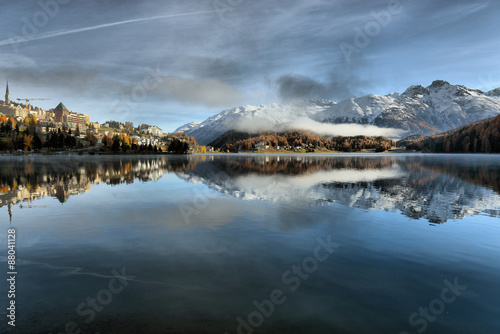 Lake St. Moritz with the first snow in the autumn