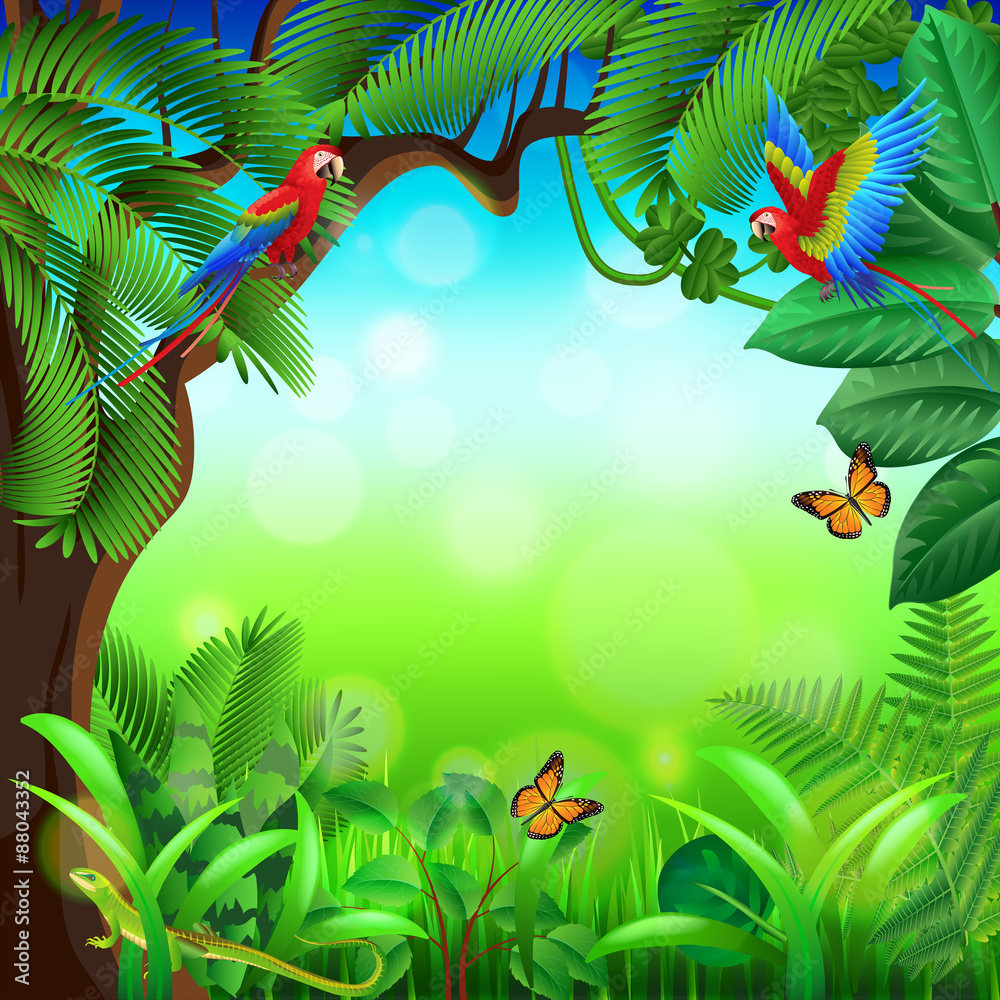 Fototapeta premium Tropical jungle with animals vector background