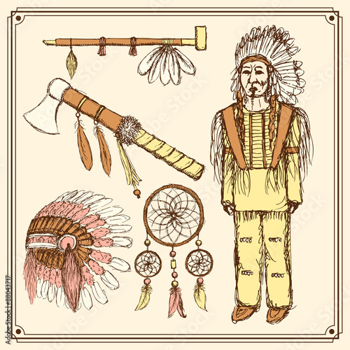 Sketch native american set in vintage style