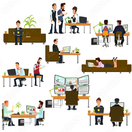 Vector business people in flat style. isolated icon of people working on the computer. people work in different places.