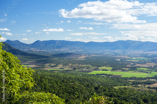 Mount French lookout overlooking Boonah and the Scenic Rim in Queensland during the day. The mountain is 579m above sea level and apart of the Moogerah Peaks National Park.