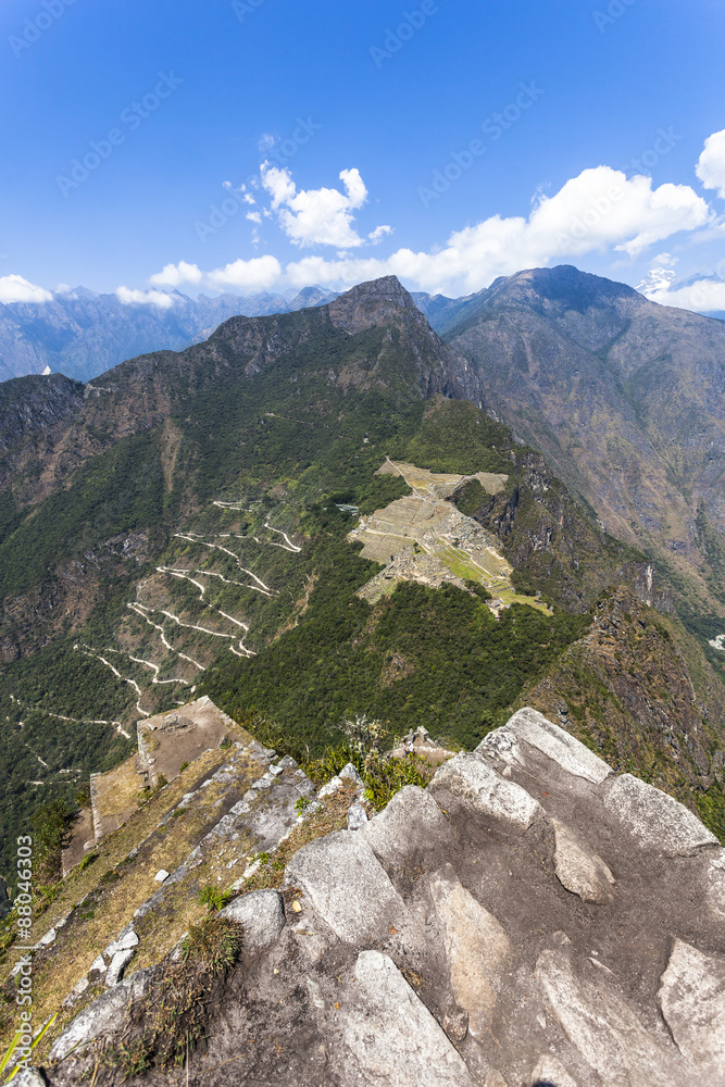View from Waynapicchu to  Machu Picchu and bus road, Peruvian  H