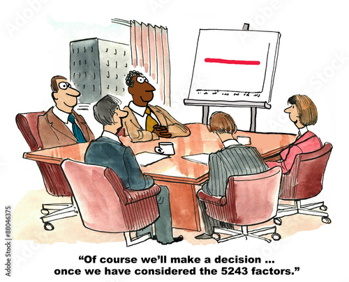 Canvas Print Business cartoon showing people in a meeting and chart with flat sales