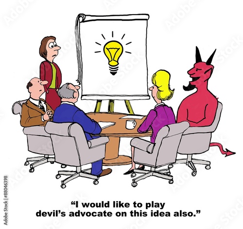 Φωτογραφία Business cartoon showing people in a meeting, including the devil, and a new idea on the chart