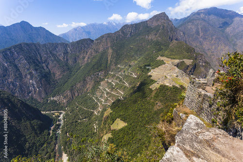 View from Waynapicchu to Machu Picchu and bus road, Peruvian H