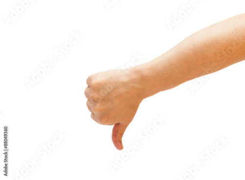 Thumb down male hand sign isolated on a white background