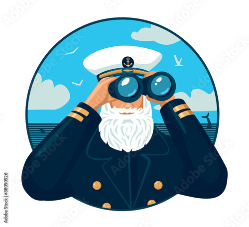 Captain with binoculars. Old bearded sailor  looking through binoculars. Retro styled image isolated on white. 