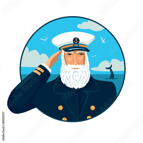 Welcome aboard.Old bearded captain with a cap. Vector illustration with a sea on the background.