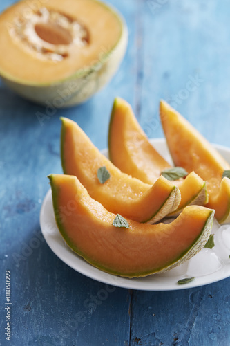Cantaloupe melon with mint and ice