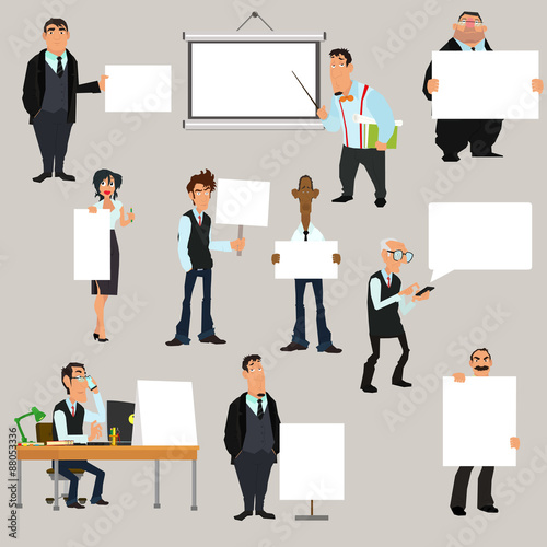 Set of businessman holding blank notes characters poses. vector illustration.