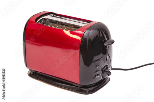 Red toaster and two slices of bread isolated on white 