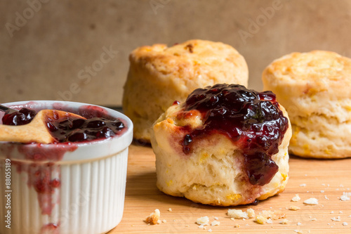 Home made orange english biscuit with blackberry yam.