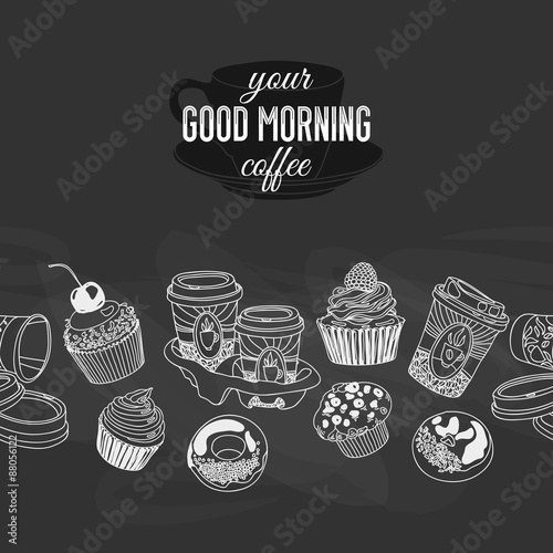 Vector seamless boarder with coffee and sweets.