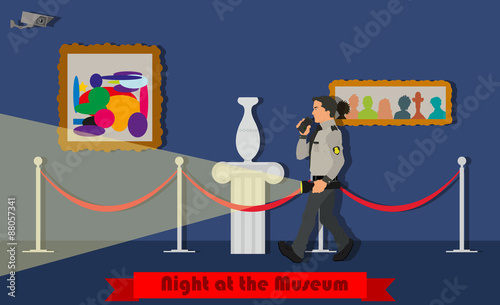 Night at the Museum. Museum security guard patrols at night. Vector illustration in a flat style.