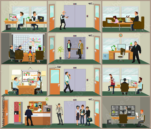 workday in an office building. People in the interior of the building in different poses and situations. Vector illustration in a flat style.