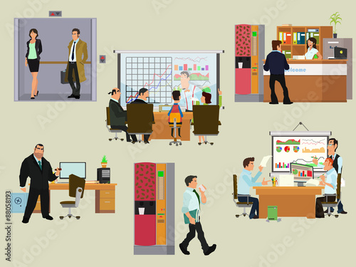 Vector business people in flat style. isolated icon of people working on the computer. people work in different places.