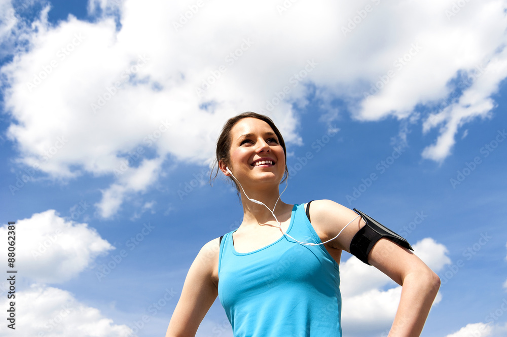 Young girl rest after running. Over sky smiling. Young girl rest after running. Over sky smiling.